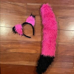 Pink and Black Furry Tail and Ears Costume Set